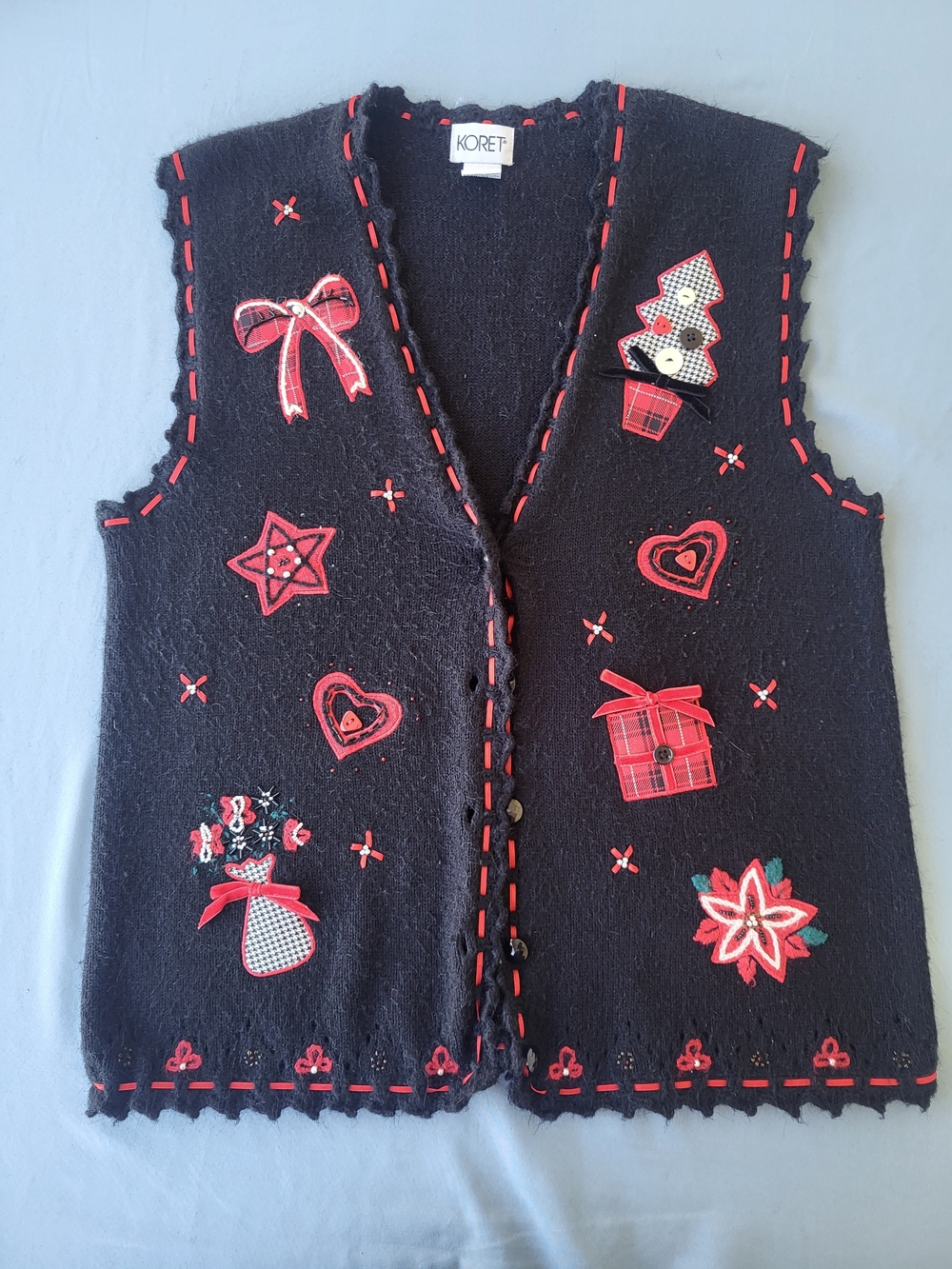 Vintage Koret Christmas Holiday Sweater Vest Medium Black Acrylic Blend Festive